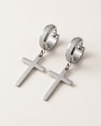 Cross earrings for men, stainless steel cross on a huggie hoop, packshot